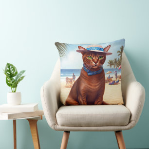 Abyssinian cat on Beach, summer gift for cat lover Cushion