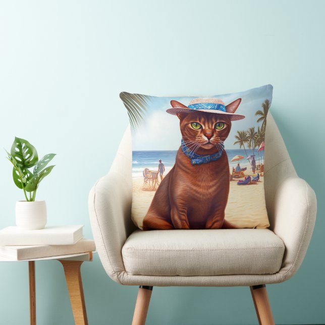 Abyssinian cat on Beach, summer gift for cat lover Cushion (Chair)