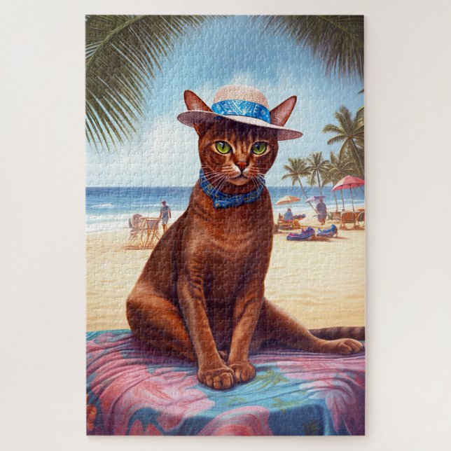 Abyssinian cat on Beach, summer gift for cat lover Jigsaw Puzzle (Vertical)