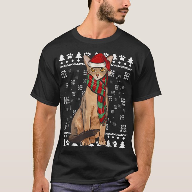 Abyssinian Cat Santa Hat Xmas Ugly Christmas T-Shirt (Front)