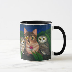 Abyssinian Cat Saw Whet Owls Fantasy Art Mug