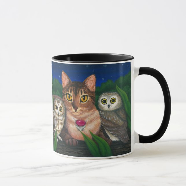 Abyssinian Cat Saw Whet Owls Fantasy Art Mug (Right)