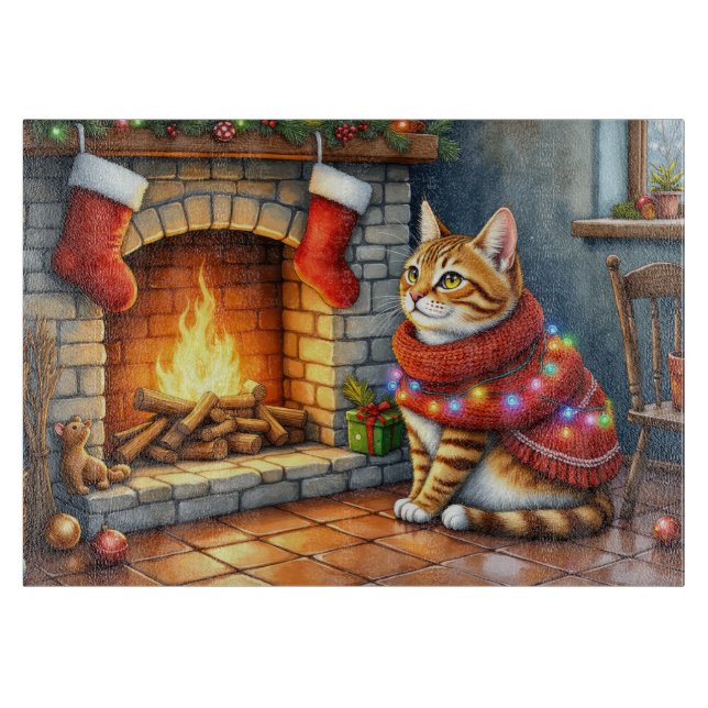 Abyssinian Cat Sitting by Fireplace with Christmas Cutting Board (Front)