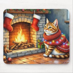 Abyssinian Cat Sitting by Fireplace with Christmas Mouse Pad