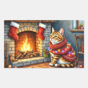 Abyssinian Cat Sitting by Fireplace with Christmas Rectangular Sticker