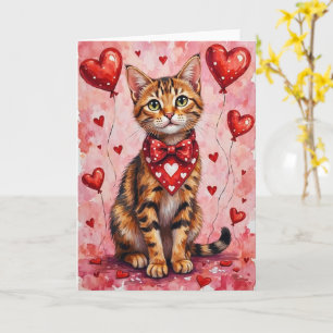 Abyssinian Cat Valentine Sitting with Hearts Red Card