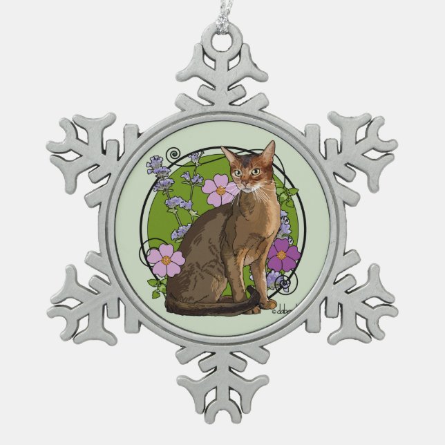 Abyssinian Cat with Beach Roses Snowflake Pewter Christmas Ornament (Front)