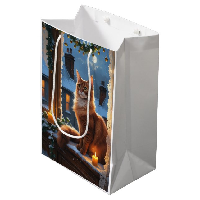 Abyssinian Cat With Christmas Lights Holiday Medium Gift Bag (Front Angled)