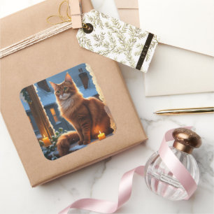 Abyssinian Cat With Christmas Lights Holiday Square Sticker