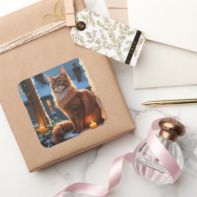 Abyssinian Cat With Christmas Lights Holiday Square Sticker (Gifting)