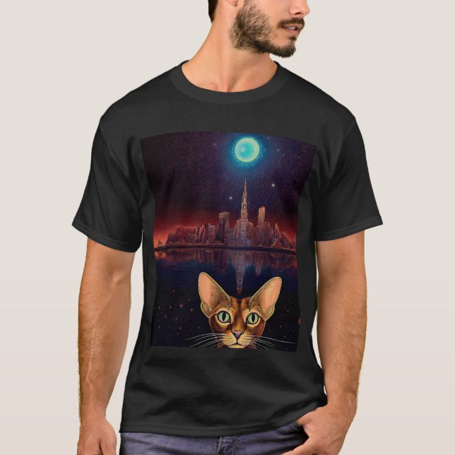 Abyssinian Cat With City Scape In Background T-Shirt (Front)