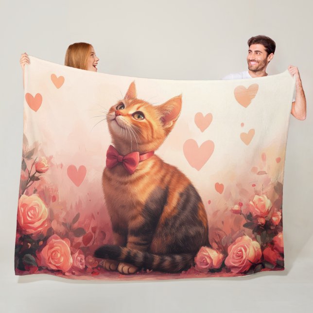 Abyssinian Cat with Roses - Valentine's Day Fleece Blanket (In Situ)