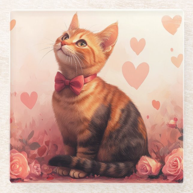 Abyssinian Cat with Roses - Valentine's Day  Glass Coaster (Front)
