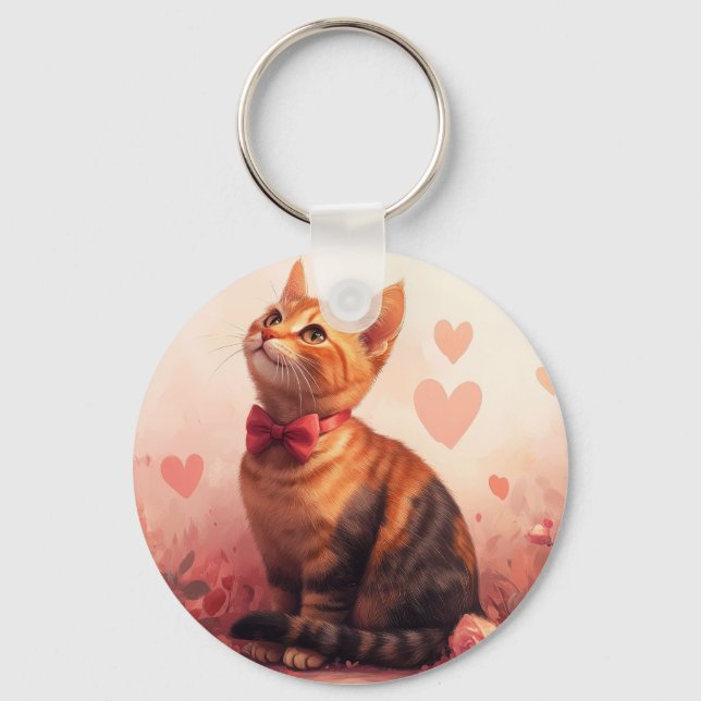 Abyssinian Cat with Roses - Valentine's Day  Key Ring (Front)