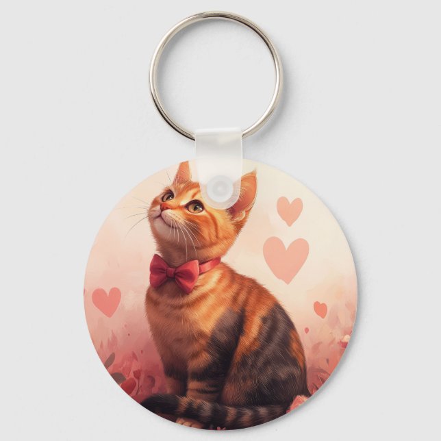Abyssinian Cat with Roses - Valentine's Day Key Ring (Front)