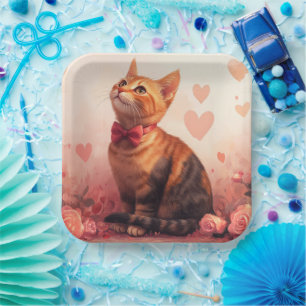 Abyssinian Cat with Roses - Valentine's Day Paper Plate