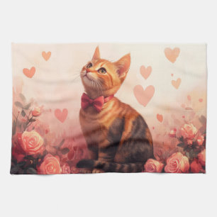 Abyssinian Cat with Roses - Valentine's Day Tea Towel