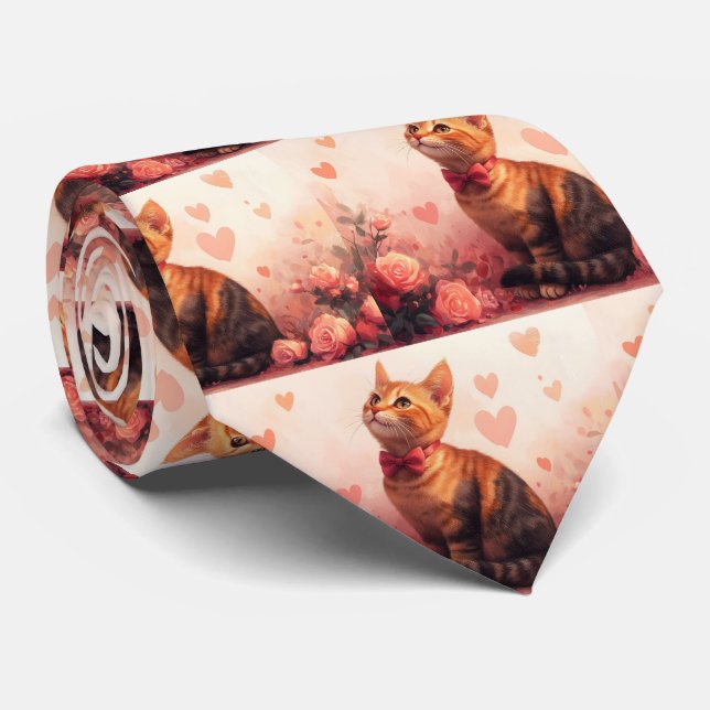 Abyssinian Cat with Roses - Valentine's Day Tie (Rolled)