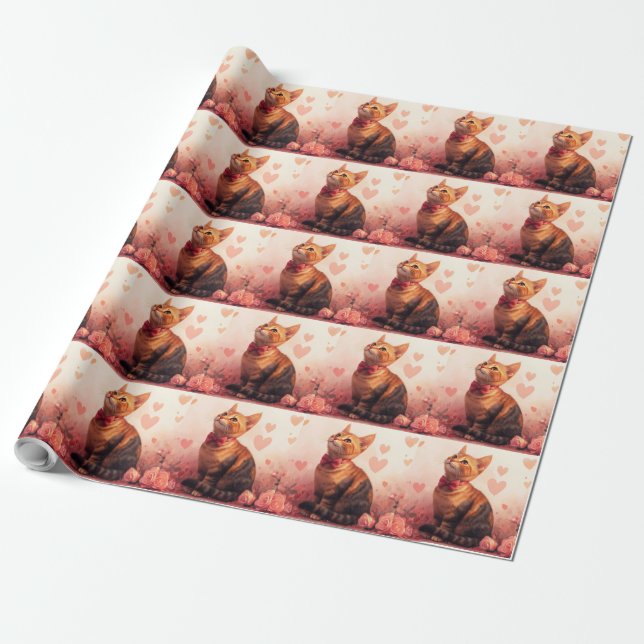 Abyssinian Cat with Roses - Valentine's Day  Wrapping Paper (Unrolled)