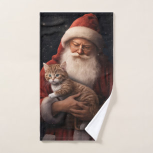 Abyssinian Cat with Santa Claus Festive Christmas  Bath Towel Set