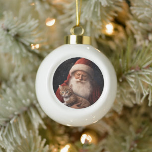 Abyssinian Cat with Santa Claus Festive Christmas Ceramic Ball Christmas Ornament