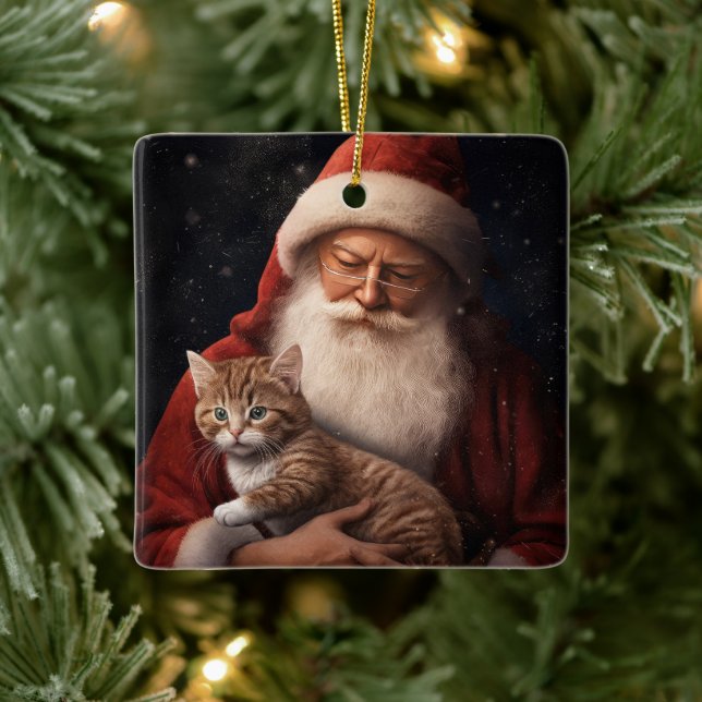 Abyssinian Cat with Santa Claus Festive Christmas  Ceramic Ornament (Tree)