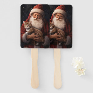 Abyssinian Cat with Santa Claus Festive Christmas Hand Fan
