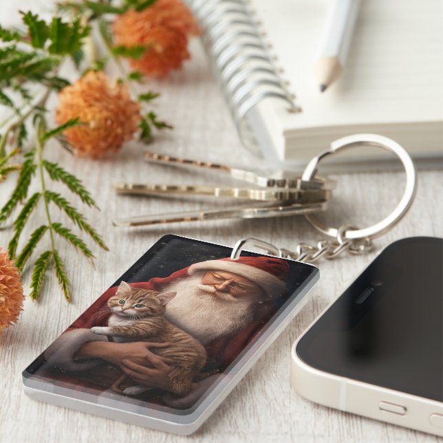 Abyssinian Cat with Santa Claus Festive Christmas  Key Ring (Front Right)
