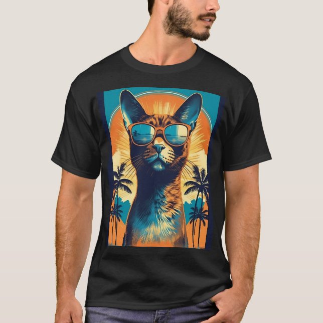 Abyssinian Cat with sunglasses at a tropical beach T-Shirt (Front)
