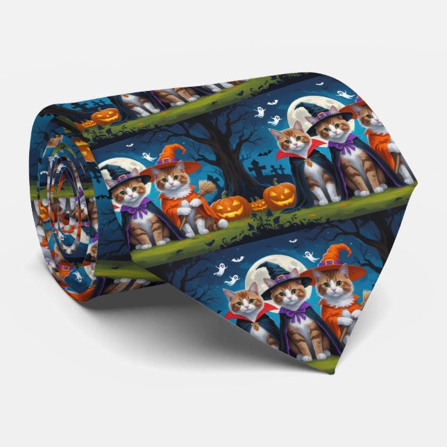 Abyssinian Cats Pumpkin Halloween Funny Tie (Rolled)