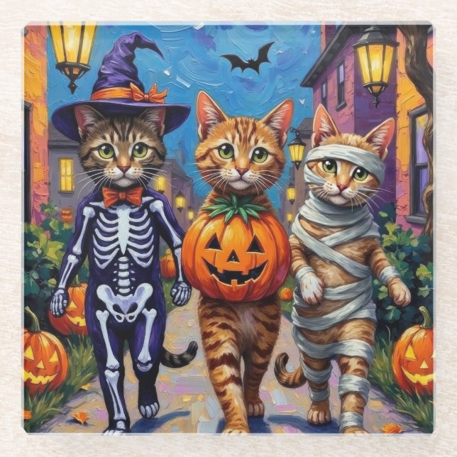 Abyssinian Cats Trick-or-Treating in Halloween Cos Glass Coaster (Front)