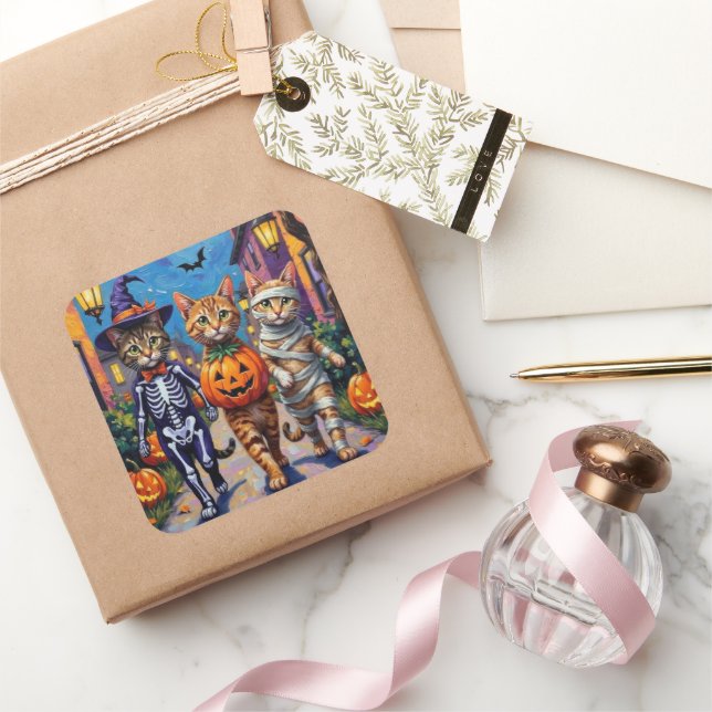 Abyssinian Cats Trick-or-Treating in Halloween Cos Square Sticker (Gifting)
