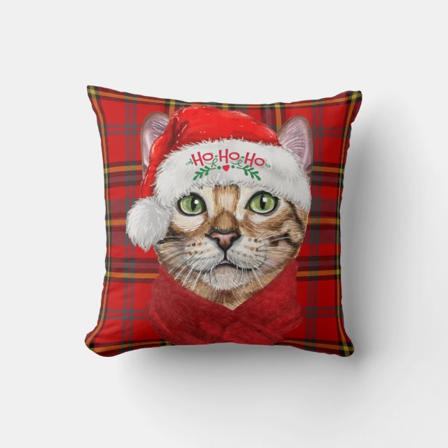 Abyssinian Christmas Cat on Red Plaid Holiday Cushion (Front)