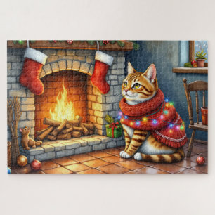 Abyssinian Sitting Fireplace with Christmas Lights Jigsaw Puzzle