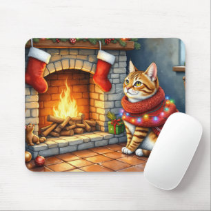 Abyssinian Sitting Fireplace with Christmas Lights Mouse Pad