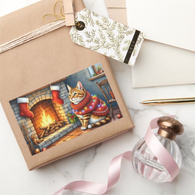 Abyssinian Sitting Fireplace with Christmas Lights Rectangular Sticker (Gifting)
