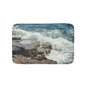 Acadia Maine Coastline Ocean Waves Blue Bath Mat