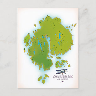 Acadia, Maine National Park map Travel map. Postcard
