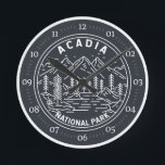 Acadia National Park Bar Harbour Monoline Round Clock<br><div class="desc">Acadia monoline artwork design. Acadia National Park is primarily on Maine's Mount Desert Island. Its landscape is marked by woodland,  rocky beaches and glacier-scoured granite peaks such as Cadillac Mountain.</div>