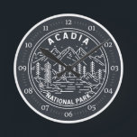 Acadia National Park Bar Harbour Monoline Round Clock<br><div class="desc">Acadia monoline artwork design. Acadia National Park is primarily on Maine's Mount Desert Island. Its landscape is marked by woodland,  rocky beaches and glacier-scoured granite peaks such as Cadillac Mountain.</div>