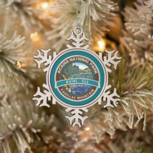 ACADIA NATIONAL PARK CADILLAC MOUNTAIN HOLIDAY SNOWFLAKE PEWTER CHRISTMAS ORNAMENT