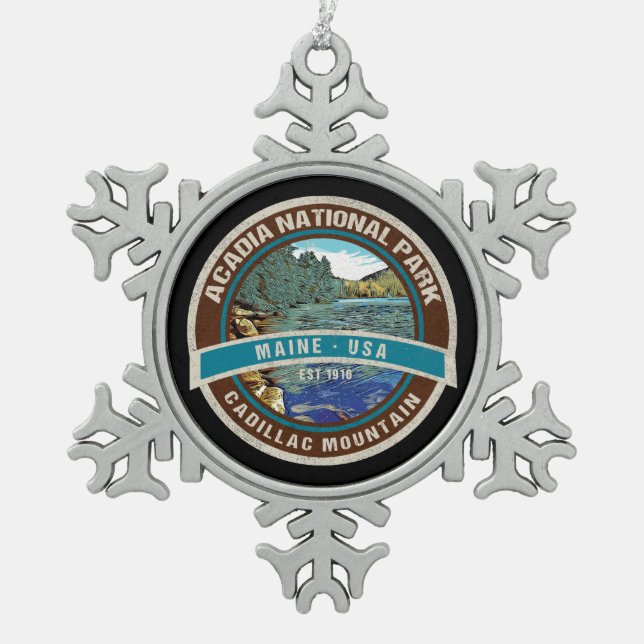ACADIA NATIONAL PARK CADILLAC MOUNTAIN HOLIDAY SNOWFLAKE PEWTER CHRISTMAS ORNAMENT (Front)