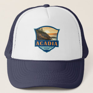 Acadia National Park Illustration Retro Badge Trucker Hat