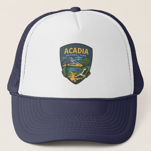 Acadia National Park Landscape Emblem Trucker Hat (Front)