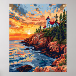 Acadia National Park, Maine Lighthouse Travel Poster