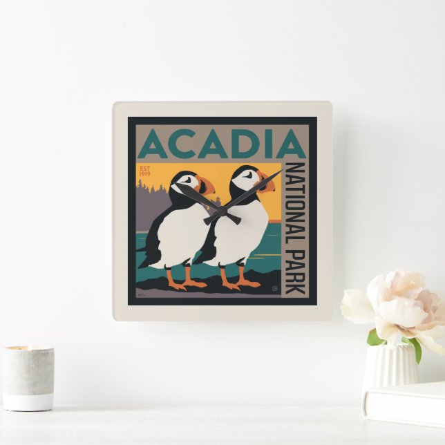 Acadia National Park, Maine | Puffins Square Wall Clock (Home)