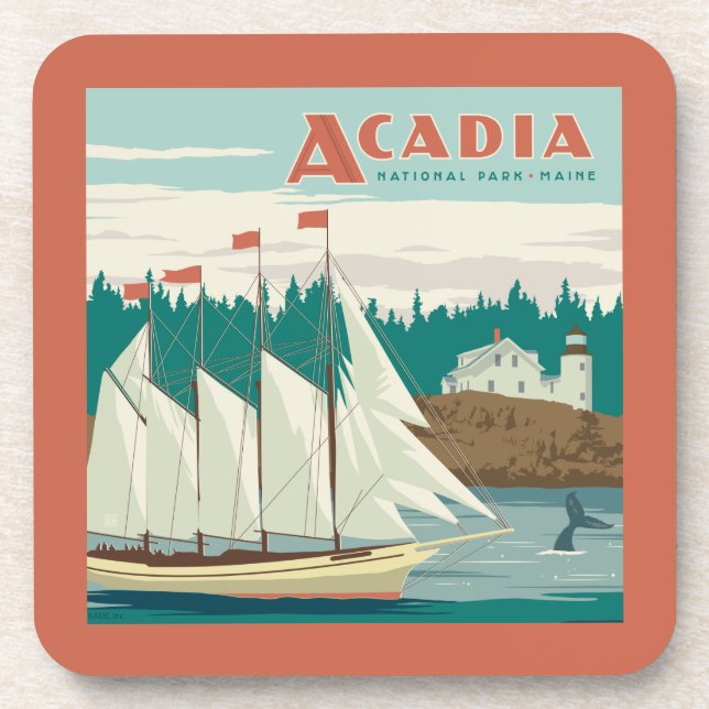 Acadia National Park, Maine | Sailboat & Whale Coaster (Front)