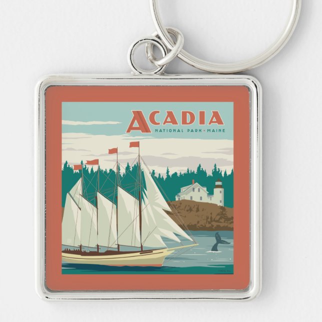Acadia National Park, Maine | Sailboat & Whale Key Ring (Front)