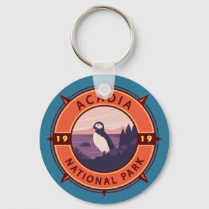Acadia National Park Puffin Retro Compass Emblem Key Ring