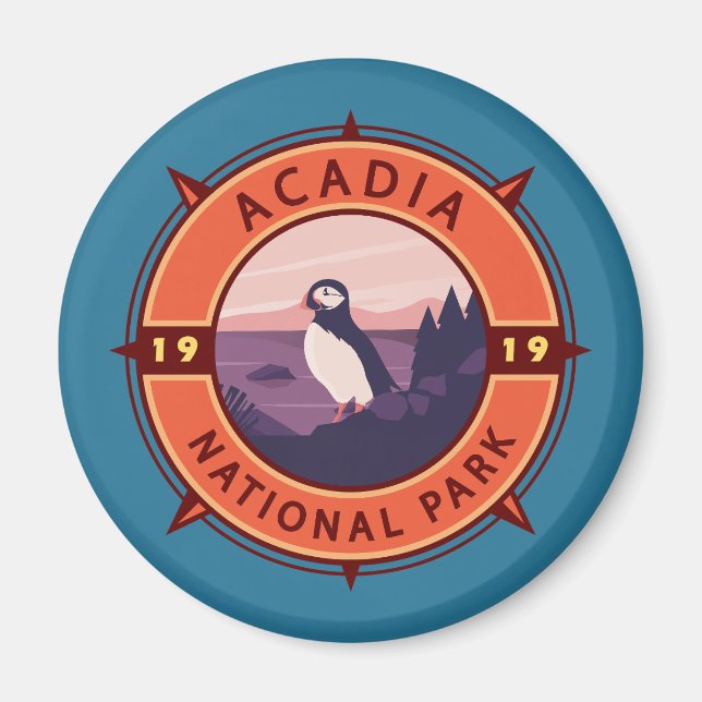 Acadia National Park Puffin Retro Compass Emblem Magnet (Front)